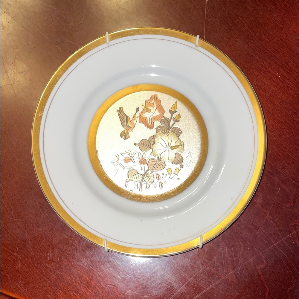 Chokin Etched Metal Plate - Hummingbird Gold and White Decorative Japanese Plate